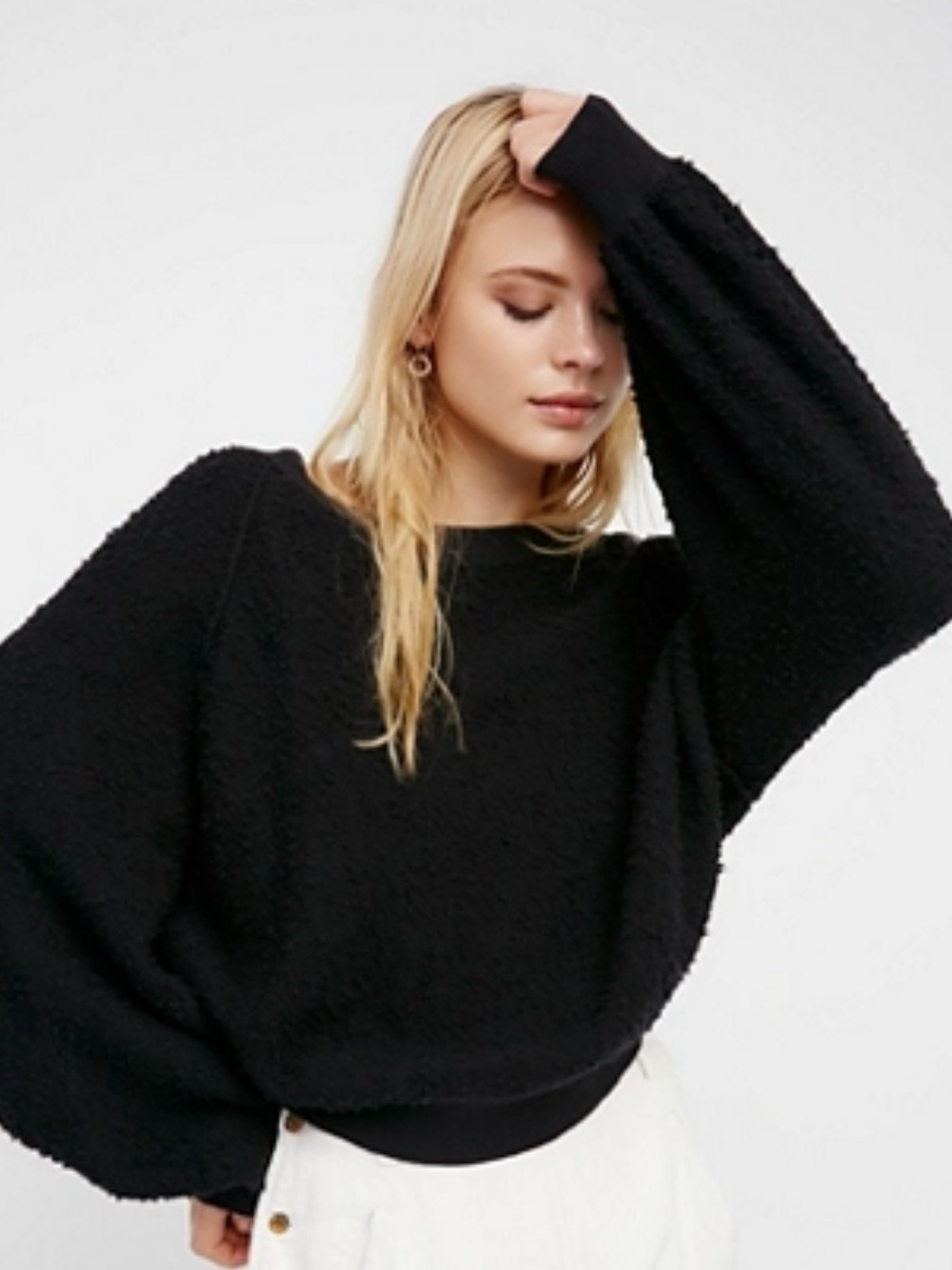 Free People Black Textured Balloon-Sleeve Crew Sweater